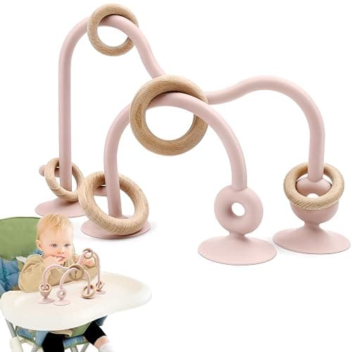 Baby Sensory High Chair Suction Toys for Infant Toddlers 12 18 Months, Food Grade Silicone String with Oak Loop Montessori Educational Parent-Child Baby Bath Toy Gift for Birthday or Easter (Pink) - Image 1