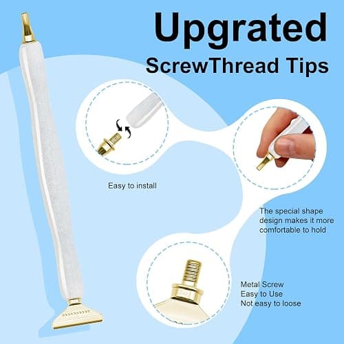 22PCS DIY Diamond Art Pen Painting Tool Set - Metal Threaded Tip Accessories Gem Resin Dotting Pen Supplies Kit (White Pen + 12 Tips + 9 Dotting Clay) thumbnail 3