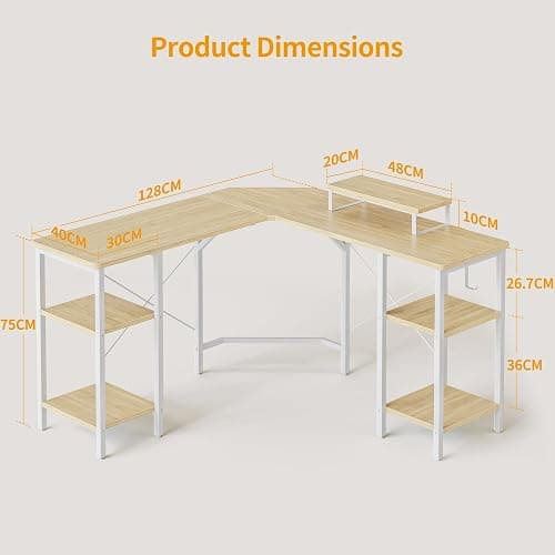 Cubiker L Shaped Gaming Desk 128 x 128 cm Computer Office Desk, Corner Desk with Dual Side Storage Shelves and Monitor Stand for Home Office Study Writing Workstation, Light Walnut thumbnail 3