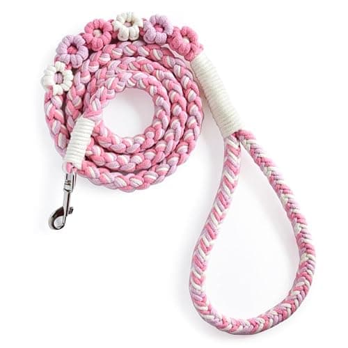 Handmade Braided Pink Cotton Dog Leash, 5ft | 5ft Handmade Braided Cotton Dog Leash, Pink Color, Floral Handle, Soft Grip, Durable for Daily Walks, Small to Large Dogs - Image 1