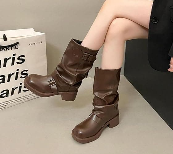 WUNAMOX Winter Boots for Women French Vintage Western High Heeled Stacked Pleated Mid Calf thumbnail 5