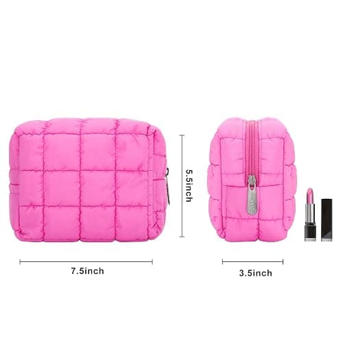 E-Tree Cute Makeup Bag,Quilted Cosmetic Bag,Make up Pouch for Purse,Toiletry Zipper Pouch,Checkered Bag,Travel Case,Storage Pouches for Organization (Hot Pink) thumbnail 3