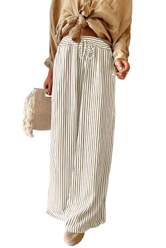 Acelitt Women Casual Drawstring Elastic Waist Striped Wide Leg Pants with Pockets, S-XXL - Image 1