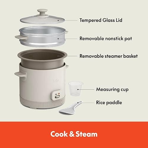 bella 16 Cup Rice Cooker with Steamer, Dishwasher Safe Steaming Basket, Rice Paddle and Measuring Cup, Removable Nonstick Cooking Bowl, Automatic Keep Warm Function​, 400 Watt, Oatmilk thumbnail 4