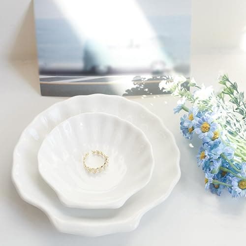 CCINPPY Shell Ring Dish Tray, Ceramic Jewelry Tray Trinket Dish, Seashell Key Holder Bowl, Beach Room Coastal Decor Aesthetic, Ocean Bathroom Counter Decor, White, Large thumbnail 4