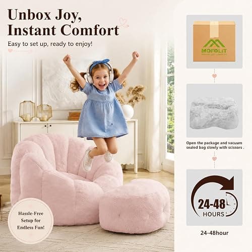 Mofolit 46" Oversized Flower Bean Bag Chair with Ottoman for Adults,Large Cozy Beanbag Chair with Artificial Rabbit Fur Fabric,Boneless Sofa for Living Room,Reading Room and Apartment. (Pink) thumbnail 5