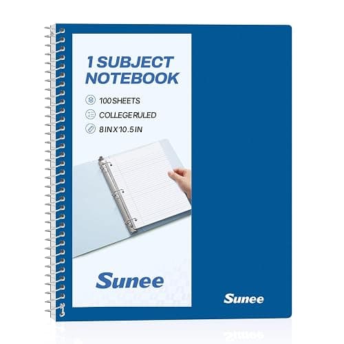 SUNEE Spiral Notebook, 1-Subject, College Ruled Paper, 8" x 10-1/2", 100 Sheets per Notebook, 3-Hole Punched Paper, Water Resistant Cover, Double-sided Pockets, Dark Blue - Image 1