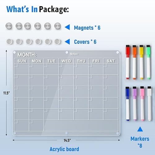 Acrylic Fridge Calendar, Magnetic Monthly Planner with 8 Color Markers, Clear Dry Erase Board for Events/Meetings/Shopping Lists - 14.5 * 11.5'' thumbnail 2