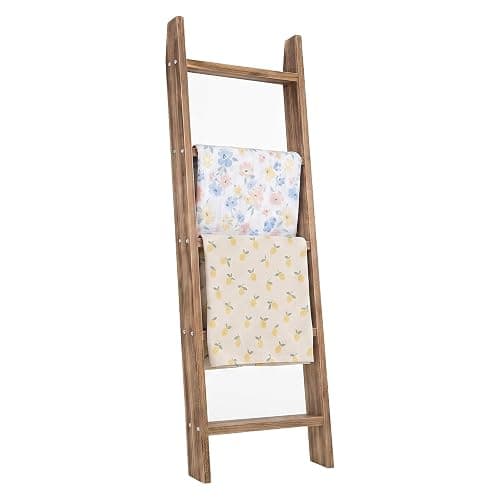 MyGift 4ft Tall Rustic Burnt Natural Wood Wall Leaning Blanket Ladder Shelf with 5 Rungs, Decorative Living Room Throw and Quilt Holder, Farmhouse Bedroom Decor - Image 1