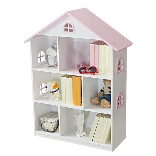 Wooden Dollhouse Bookshelf 4-Tier Kids Bookcase, Toy Storage Organizer & Playhouse with 6 Compartments for Girls Boys, Pink and White Room Furniture for Bedroom Playroom thumbnail 9