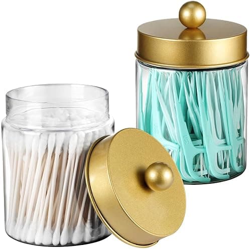 Komashr 3PC Farmhouse Decor Qtip Holder Apothecary Jars Bathroom Vanity Storage Organizer -Countertop Canister Container &Cute Stickers for Cotton Swab,Ball,Pad,Floss,Paper Clips (Gold,Plastic) thumbnail 5