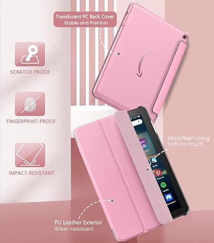MoKo Case Fits Amazon Kindle Fire HD 8 & 8 Plus Tablet(12/10th Gen, 2024/2022/2020 Release) 8", PU Leather Trifold Stand Cover with Translucent Frosted Backshell with Auto Wake/Sleep, Nosegay Pink thumbnail 3