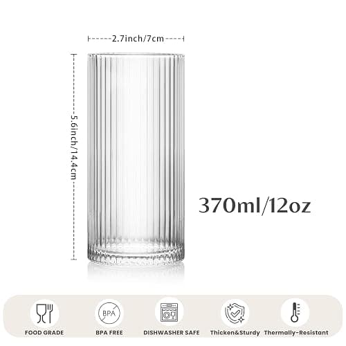 INSETLAN Ribbed Drinking Glasses Set of 6, 370ml Origami Design Ribbed Glassware, Highball Glasses for Juice, Water, and Cocktails, Perfect for Home, Restaurants, and Parties | Dishwasher Safe thumbnail 3
