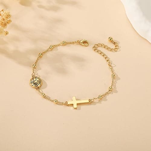 VULETO Softball/Volleyball/Soccer/Basketball Football Bracelet for Girls Women, 14K Gold Plated Cross Link Chain Sport Accessories Birthday Christmas Christian Jewelry Gifts for Teens Team Coach Players thumbnail 2