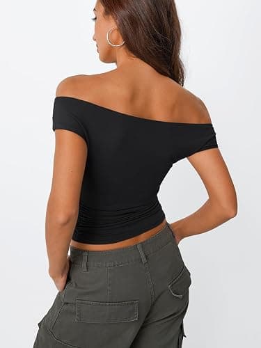 Trendy Queen Off The Shoulder Tops for Women Going Out Y2K Summer Cute Shirts Sexy 2026 Double Lined Date Club Outfits thumbnail 4