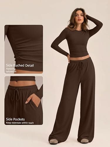 Trendy Queen Women's 2 Piece 2026 Fall Fashion Lounge Set with Pockets | Airport Outfit, Athleisure Workout Set, Fall Wardrobe Staple, Winter Style, Side-Ruched Top, Drawstring Wide-Leg Pants thumbnail 5