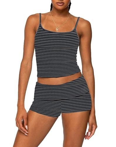 RUEWEY Women Y2k Pajama Set Striped Sleeveless Crop Cami Top Lounge Shorts PJS 2 Piece Matching Sleepwear - Image 1