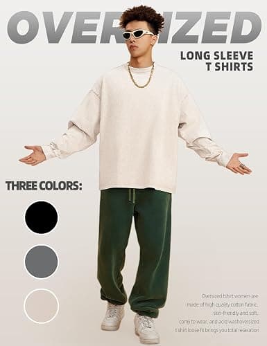 Arssm Mens Oversized T-Shirts Cotton Long Sleeve Tshirts Vintage Acid Wash Baggy Tees thumbnail 5