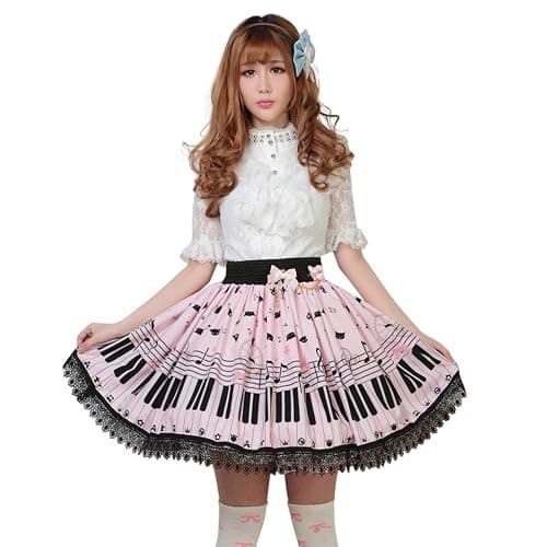 Hugme Pink Polyester Lace Piano Keybord Printed Lolita Skirt - Image 1