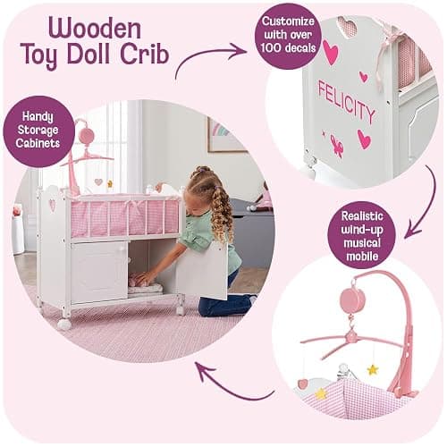 Badger Basket Wooden Toy Doll Bed with Storage, Mobile, and Bedding to Pretend and Play - Includes Wheels and Free Personalization Kit - White with Pink Gingham Fabric thumbnail 4