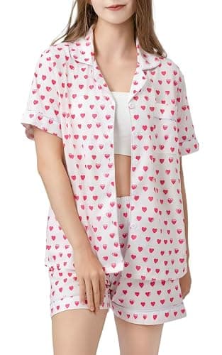 Womens Pajamas Set Button Down 2 Piece Cute Monkey Bunny Y2k Preppy Heart Pjs Sets Lounge Comfy Sleepwear thumbnail 2