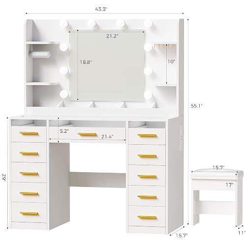 YUNSCEND Large Makeup Vanity with Mirror and Lights 3 Colors,Vanity Desk with Glass Top,11 RGB Drawers,6 Shelves,Makeup Desk with 5 Hooks,Power Outlet,Dressing Table for Girls Bedroom White UXFST004W thumbnail 2