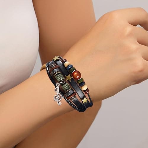 Multilayer Y2k Star Vintage Necklace Fairy Grunge Bracelets Set,Gothic Rock Roll Music Guitar Star Necklace,Bohemian Handmade Beaded Musical Note Leather Wristbands,Grunge Accessories for Men Women thumbnail 6