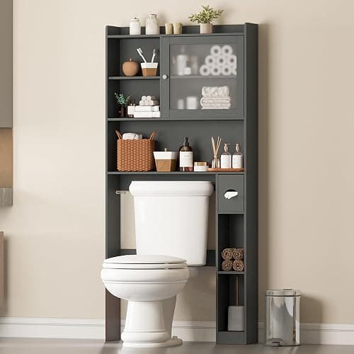 Vabches Over the Toilet Storage Cabinet with Glass Door, Above Toilet Storage Cabinet, Over Toilet Bathroom Organizer Space Saver, Behind Toilet Rack Shelf Cabinet, for Bathroom Laundry Restroom, Grey thumbnail 9