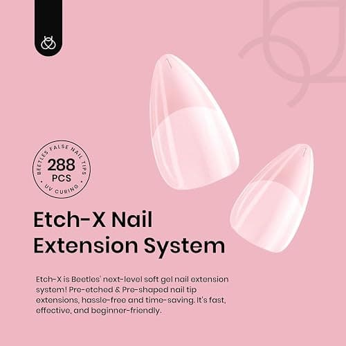 Beetles Extra Short Almond Nail Tips, 12 Sizes 288 PCS Pre-Shaped Clear Full Cover Etch Gel Nail Tips Clear Acrylic Nails Glue on Nails for Girls Women Nail Art Design,Nail Glue Needed thumbnail 2
