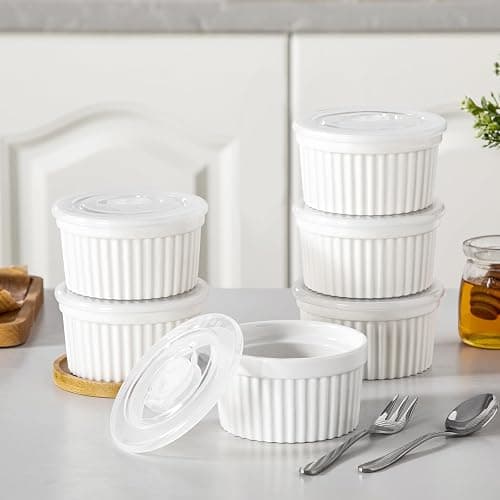 vancasso 8 oz Ramekins with Lid, Porcelain Creme Brulee Souffle Dishes, White Pudding Custard Cups Ramiken for Baking, Dishwasher and Oven Safe, Set of 6 thumbnail 6