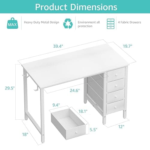 Lufeiya Small White Desk with Drawers for Bedroom, 40 Inch Kids Girls Study Desks, Reversible Computer Writing Nail Table with Fabric Drawer for Small Spaces Home Office Manicure thumbnail 3