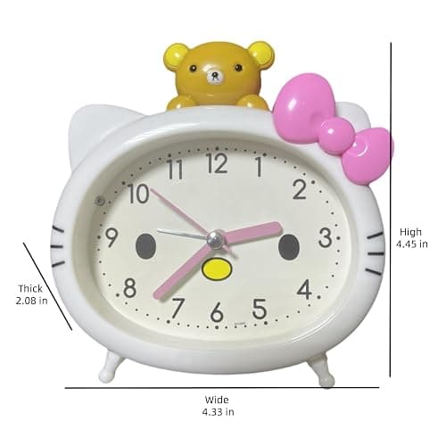Fuxizest Cute Cat Alarm Clock, Kawaii Alarm Clock，Cartoon Cat Clock，Cute Clock，White with Pink Bow, Yellow Bear Topper, Kids Room Decor (White with Little Bear) thumbnail 3