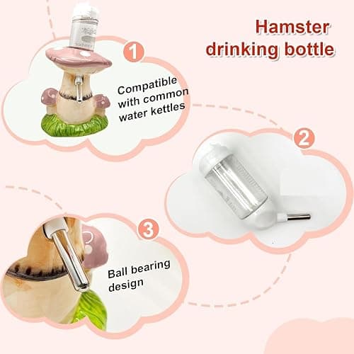 BELEATAL Mushroom Ceramic Hamster Hideout, Water Bottle with Stand, Food Bowl, Hamster Accessories (Pink) thumbnail 3