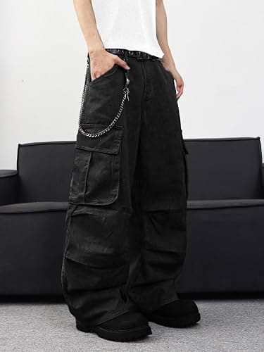 DFGIGT Mens Denim Baggy Pants with Cargo Pockets Mid Weight Casual Streetwear Wide Leg Jeans Hip Hop Skater Trousers thumbnail 2