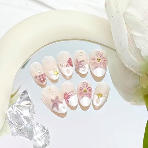 24Pcs White French Tip Press on Nails Medium Almond Hibiscus Fake Nails Beach False Nails 3D Flower Starfish Pearl Gems Designs Full Cover Summer Stick on Nails for Women Acrylic Nail Decorations thumbnail 4