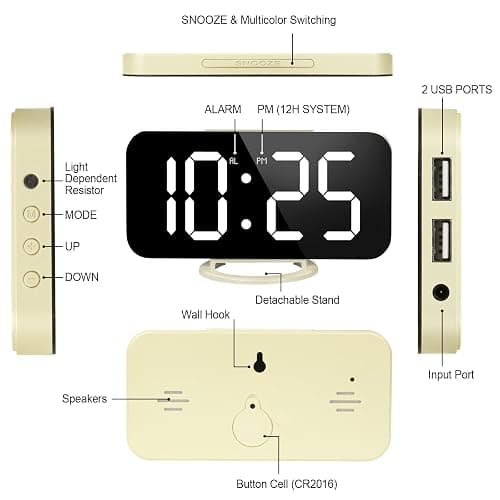 WulaWindy Digital Alarm Clock, Large Mirrored LED Display with Dual USB Ports, Snooze Function Dim Mode Wall Hanging Beside Desk Clock for Bedroom Living Room Decor thumbnail 8