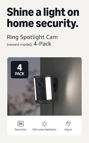 Ring Spotlight Cam 2K (newest model), Plug-In, Home or business security, Wide-Angle Retinal 2K Video, 6x Enhanced Zoom, Motion-Activated Spotlights, 4-Pack, Black thumbnail 2