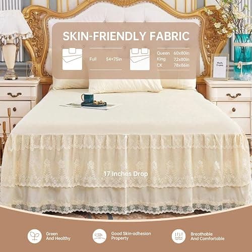 Knitted Lace Bed Skirt for Full Bed - 17" Drop, Wrap Around Bedskirt with Platform, Dust Ruffle Dorm Room Bedskirts thumbnail 2