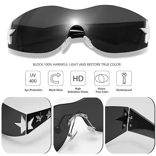 Haqptul Rimless Y2K Sunglasses Star Wrap Around Glasses 2000S Accessories for Women Men Trendy Fashion Cool Shield Shades thumbnail 5