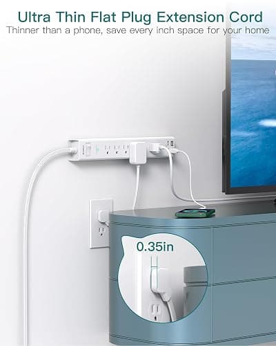 Power Strip Surge Protector - Addtam Extension Cord with 6 AC Outlets and 4 USB Ports (2 USB-C), Flat Plug Extension Cord, Wall Mount for Home, Office, College Dorm Essentials, ETL Listed, White thumbnail 2