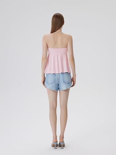 SUUKSESS Women Peplum Tube Tops with Built in Bra Summer Cute Sleeveless Strapless Babydoll Tank Top thumbnail 5