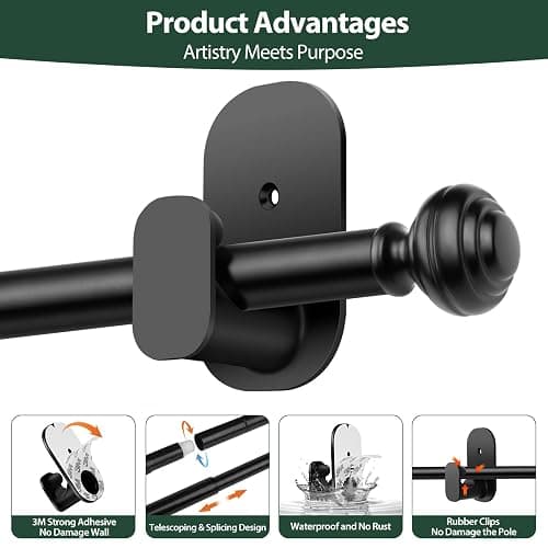 KAMANINA Curtain Rods No Drilling for Windows 32 to 86 Inches, 5/8 Inch Adjustable Renter Friendly Curain Rod with 3M Adhesive Brackets without Drilling, Black thumbnail 9
