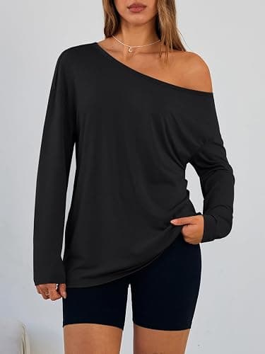Trendy Queen Womens Off The Shoulder Oversized Tops | Long Sleeve Tshirts, One Shoulder Fall Outfits,Asymmetrical,Plus Size,Going Out Fashion Clothes,Sexy Blouse thumbnail 2