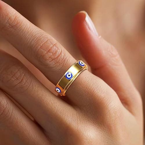 Evil Eye Fidget Ring for Women - 18K Gold Plated Stainless Steel Spinner Rings for Anxiety Relief, Ojo Turco Ring Luck Amulet, Turkish Faith Protection Stackable Jewelry Gift for Women Men thumbnail 3