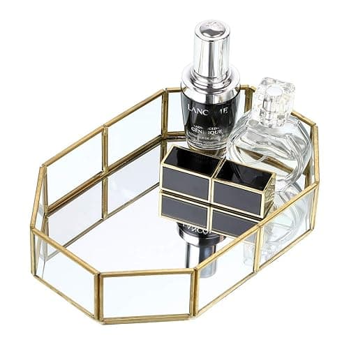 Hipiwe Mirror Glass Vanity Tray - Gold Ornate Makeup Vintage Octagonal Perfume Dresser Jewelry Trinket Organizer for Bathroom Storage Home Decor - 8" x 5.7" x 1.8" thumbnail 8