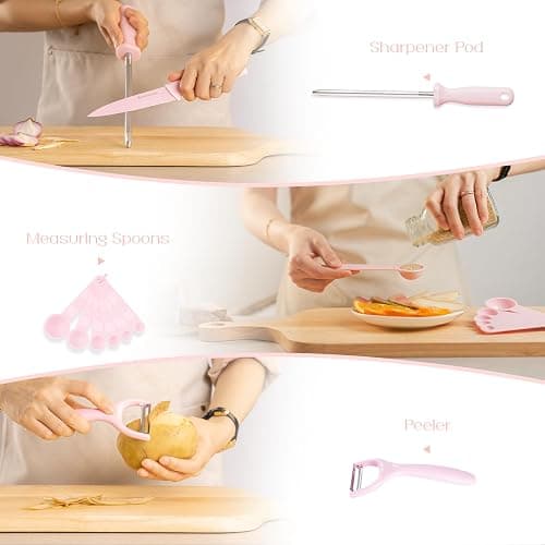 Astercook Knife Set with Block and Sharpener, 22 Piece Kitchen Knife Set Dishwasher Safe, Space-Saving Clear Knife Block with Knives for Everyday Home Cooking Pink thumbnail 8