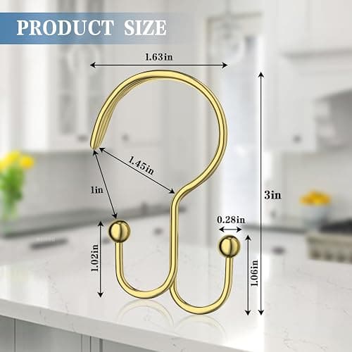 Shower Curtain Hooks, OEH Shower Curtain Rings, Gold Shower Curtain Hooks Rust Proof, Decorative Double Shower Hooks for Shower Curtain, Anti-Drop Shower Rings for Curtain & Liners, Gold, 12Pack thumbnail 2