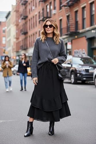 HUSKARY Maxi Skirts for Women Summer Fall High Waist Drawstring Long Skirt Ruffle Layered Medieval Skirts with Pockets thumbnail 2