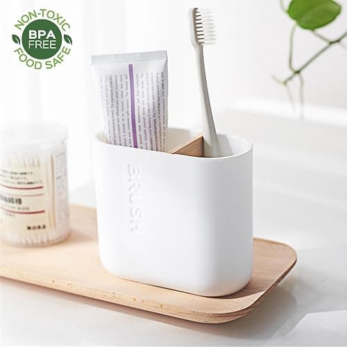 Toothbrush Holders Bamboo Electric Toothbrush Holder Bathroom Storage Organizer Countertop for Toothpaste, Floss, Razor, White thumbnail 2