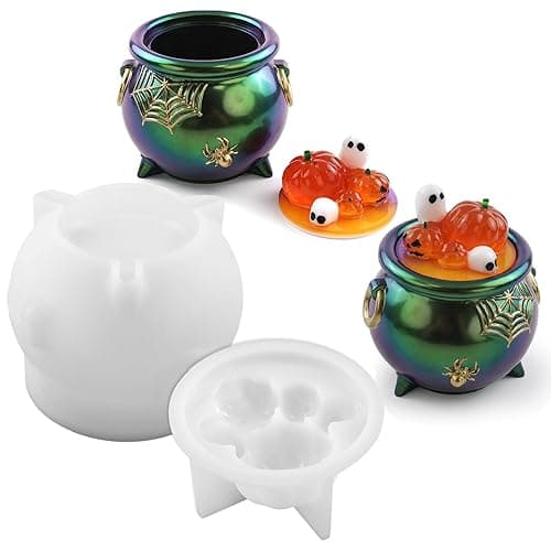 Actvty Witch Cauldron Resin Molds, Halloween Resin Molds for Epoxy Casting, Cauldron Jar Silicone Mold with Pumpkin Lid DIY Jewelry Storage Box, Candy Container, Candle Jars